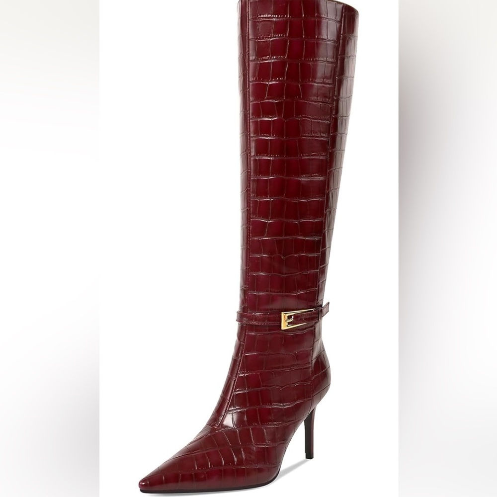 Elegant Burgundy Croc-Embossed Knee-High Boots